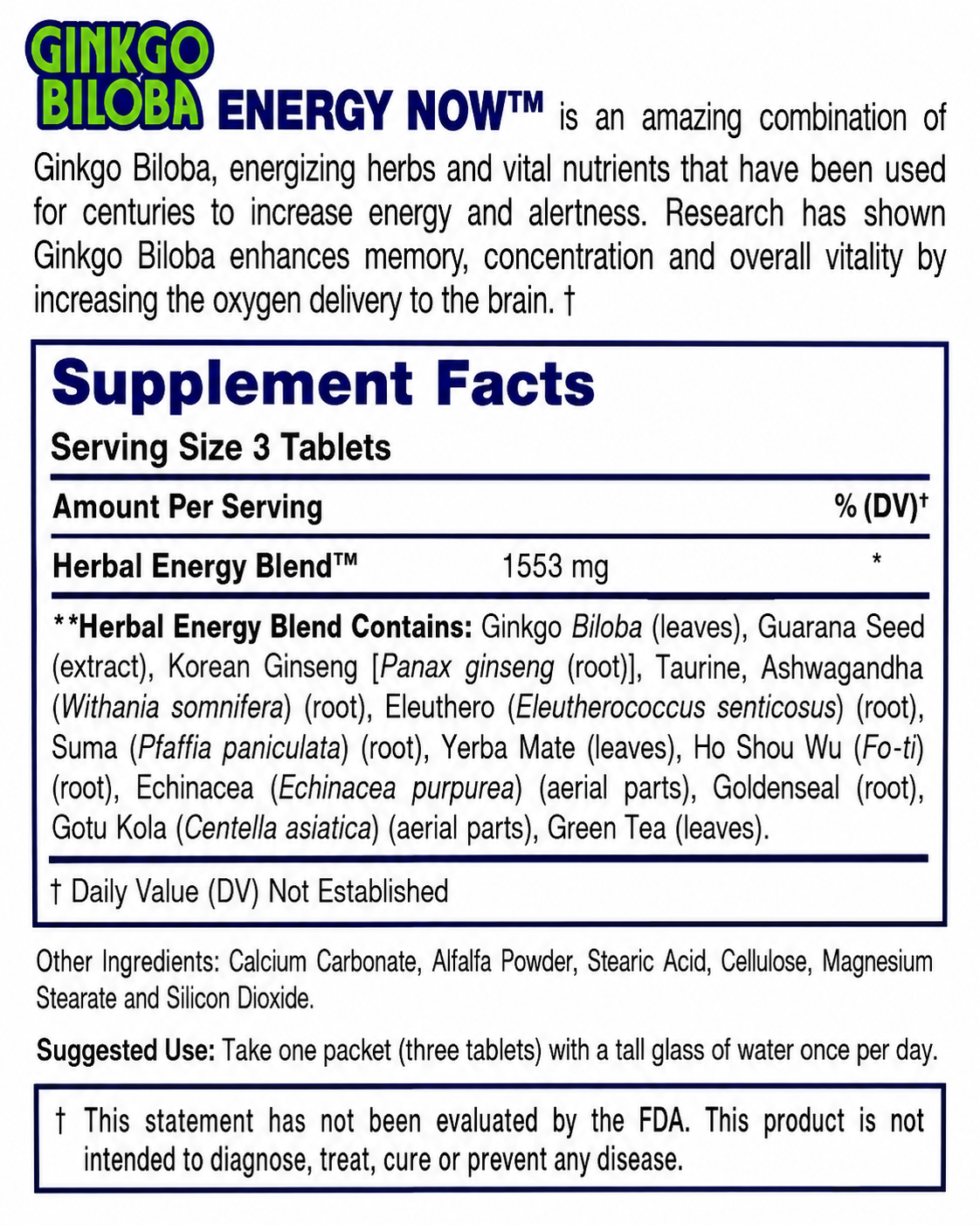 Energy Now Ginkgo Biloba Herbal Supplement