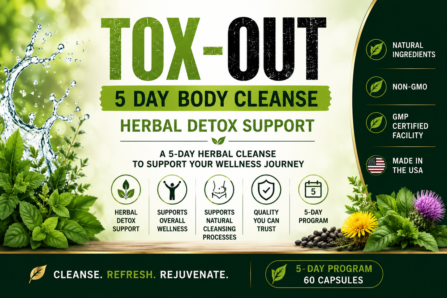 Tox-Out 5 Day Body Cleanse & Herbal Detox Support – 60 Capsules