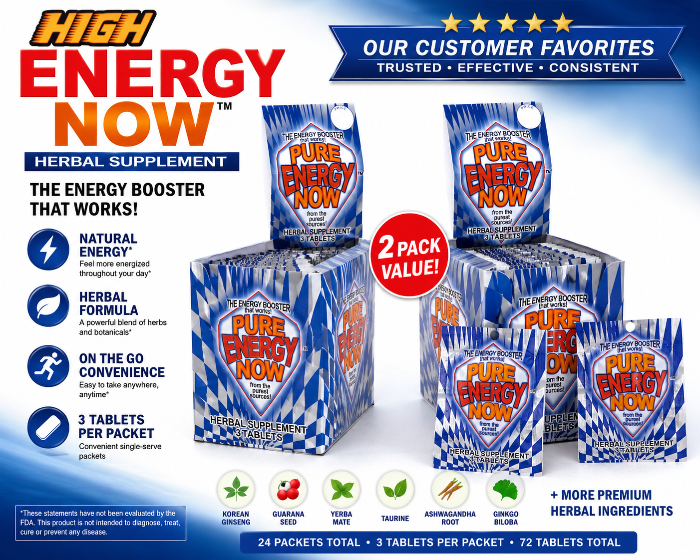 Pure Energy Now Herbal Supplement 2 Full Box 48 Packs 144 Tablets Total