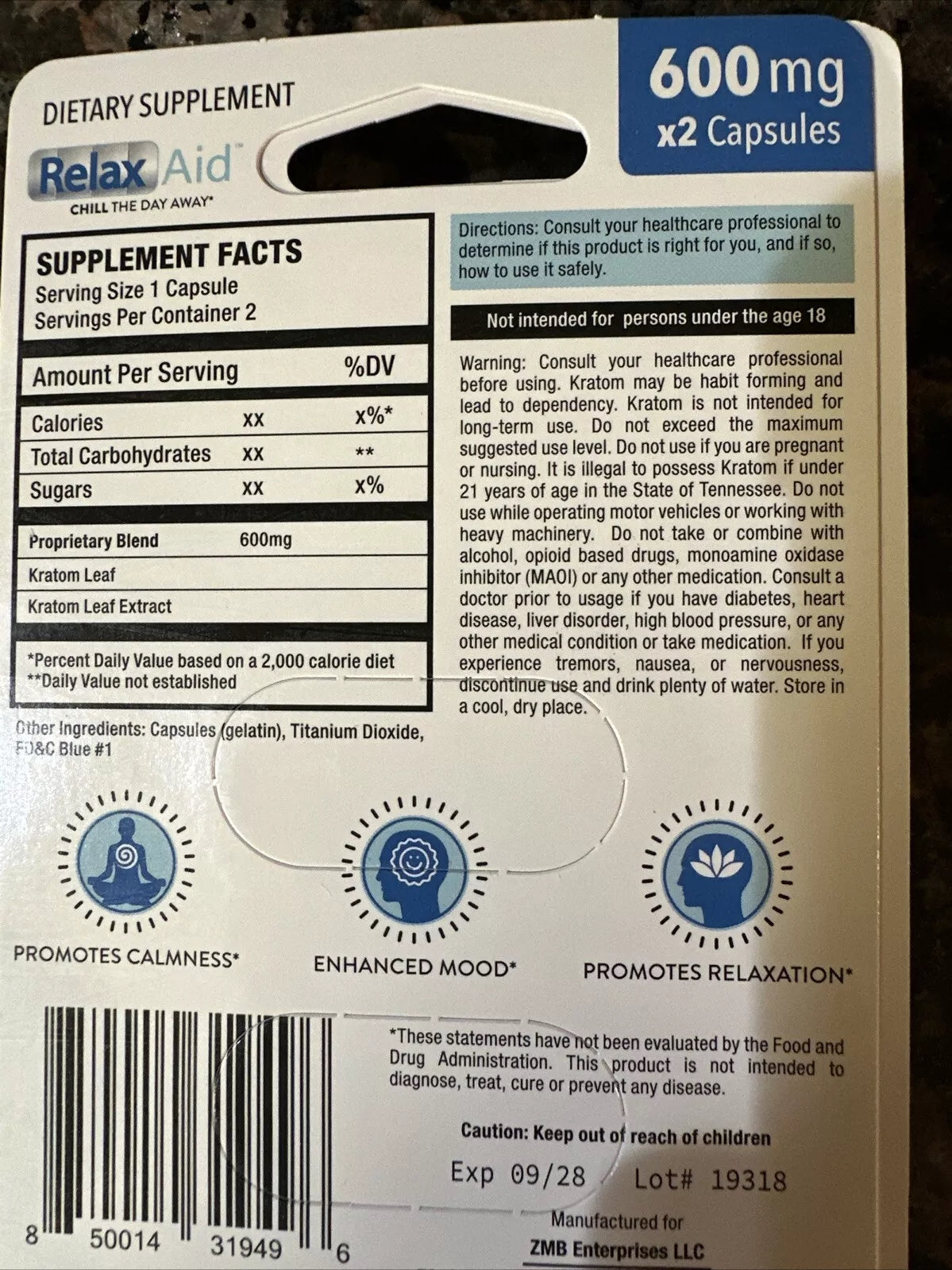 Relax Aid 600mg Capsules – Calm, Mood & Relaxation Support (12 Count)