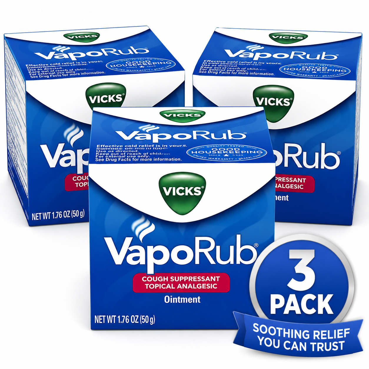 Vicks VapoRub 3 Pack – 1.76 oz Cough Suppressant & Topical Analgesic Ointment